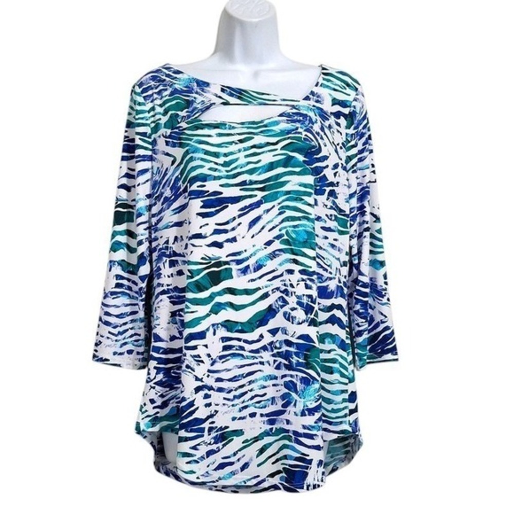 JM Collection Womens Top M Blue Green‎ Cutout Neck 3/4 Sleeve Zebra Print Tunic